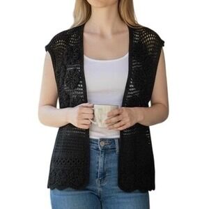 Bandolino Black Crochet Open-Front Vest
